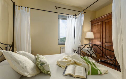 La Certaldina Sole Apartment: Furniture, Interior Design, Bed, Bedroom, Linens, Bedding, Ceiling, Floor, Flooring, Room