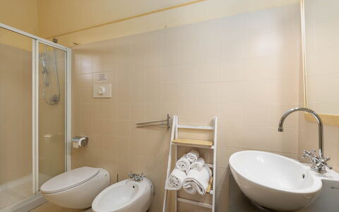 La Certaldina Sole Apartment: Flooring, Floor, Interior Design, Plumbing Fixture, Bathroom, Room, Plumbing, Toilet, Ceiling, Bathroom Sink