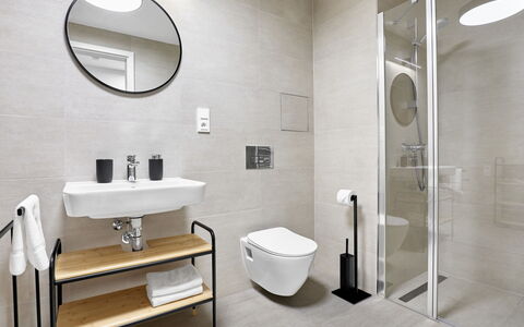 Lagom: Flooring, Interior Design, Bathroom, Plumbing Fixture, Floor, Toilet, Sink, Plumbing, Tap, Bathroom Sink
