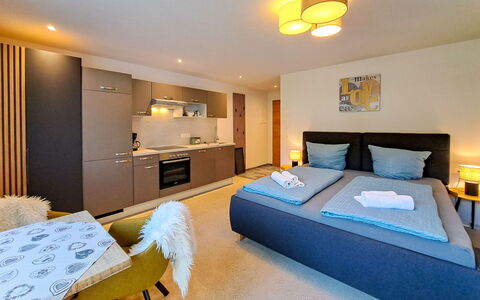 Auffach 609: Furniture, Interior Design, Room, Floor, Flooring, Ceiling, Bed, Pillow, Television