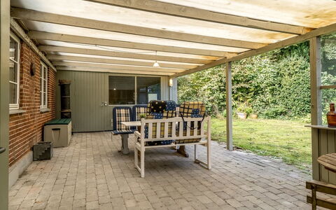 Terese - 200M to the Fjord: Wood, Ceiling, Furniture, Porch, Wood Stain, Hardwood, Shade, Outdoor Structure, Backyard, Deck