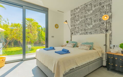 Azure: Furniture, Interior Design, Bed, Bedroom, Wall, Flooring, Floor, Ceiling, Wood, Room