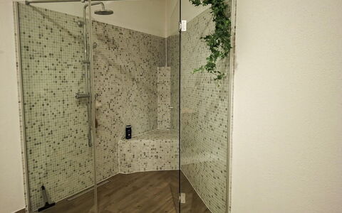 Bergzeit-Stoder: Flooring, Floor, Interior Design, Shower Head, Shower, Plumbing Fixture, Plumbing, Tile, Bathroom, Shower Door