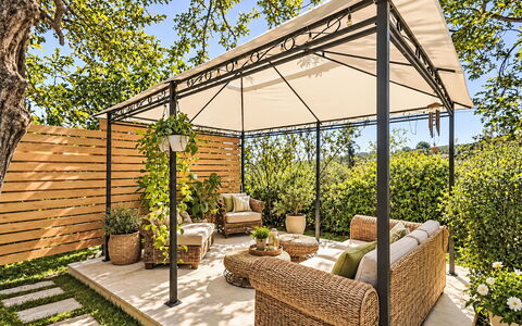 Le Fonti Terrazza: Furniture, Garden, Outdoor Furniture, Canopy, Gazebo, Outdoor Table, Table, Shade, Backyard
