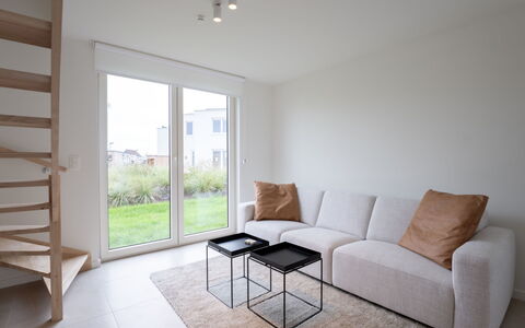 De Strandloper i with Parking & Airco: Furniture, Interior Design, Flooring, Ceiling, Floor, Chair, Room, Lighting, Table, Kitchen & Dining Room Table