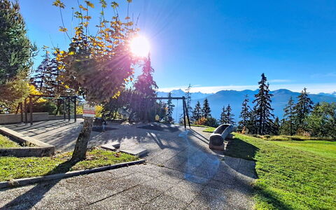 Crans-Montana 480: Sky, Blue, Sunlight, Larch, Mountain Range, Hill Station, Pole, Bench, Outdoor Bench