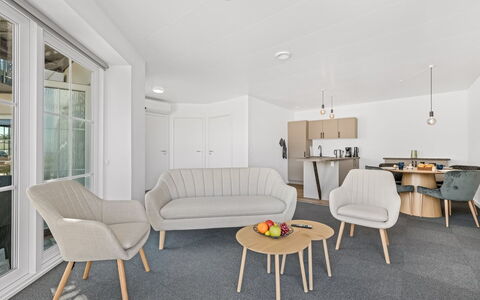 Alban - 50M to the Fjord: Furniture, Interior Design, Flooring, Floor, Wood, Ceiling, Living Room, Couch, Table, Room
