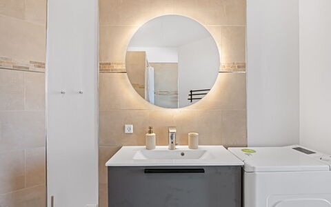 Alban - 50M to the Fjord: Interior Design, Flooring, Wall, Floor, Plumbing Fixture, Bathroom Cabinet, Mirror, Furniture, Cabinetry, Bathroom