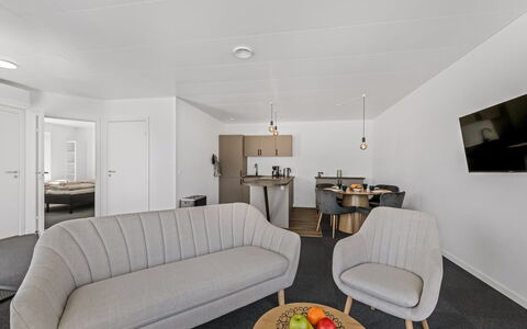 Apsolon - 50M to the Fjord: Flooring, Floor, Wood, Interior Design, Ceiling, Furniture, Room, Apartment, Living Room