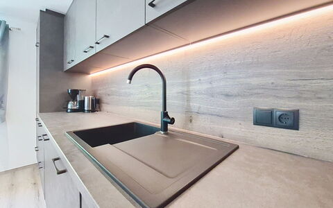 Sophia: Kitchen, Countertop, Wood, Flooring, Interior Design, Plumbing Fixture, Kitchen Sink, Sink, Cabinetry, Tap