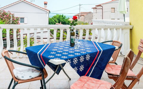 Mateja: Furniture, Outdoor Furniture, Chair, Tablecloth, Outdoor Table, Door, Flowerpot, Balcony, Porch, Houseplant