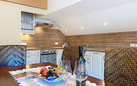 Wohlfühlnest St. Michael: Interior Design, Kitchen, Furniture, Wood, Flooring, Countertop, Ceiling, Floor, Home, Lighting