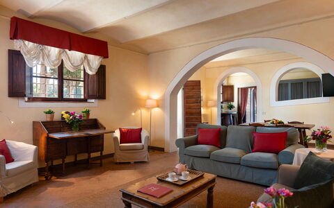 Villa Poggio Bellavista 8: Furniture, Interior Design, Couch, Table, Ceiling, Flooring, Room, Living Room, Lighting, Floor