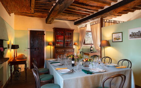 Villa Poggio Bellavista 8: Furniture, Interior Design, Table, Chair, Lighting, Ceiling, Kitchen & Dining Room Table, Room, Dining Room, Restaurant