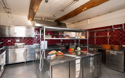 Villa Poggio Bellavista 8: Lighting, Ceiling, Interior Design, Flooring, Kitchen, Light Fixture, Countertop, Natural Material, Design, Kitchen Appliance