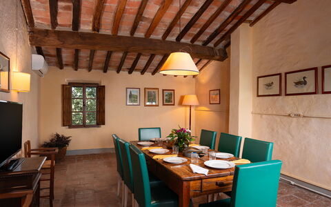 Villa del Poggio D'Oro 8: Furniture, Interior Design, Wall, Table, Flooring, Wood, Ceiling, Chair, Dining Room, Room