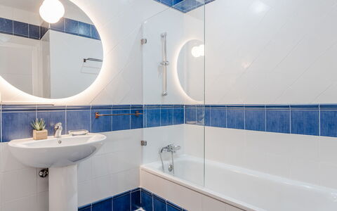 Puerta del Tenis: Blue, Bathroom, Plumbing Fixture, Flooring, Bathroom Sink, Interior Design, Sink, Floor, Plumbing, Tile