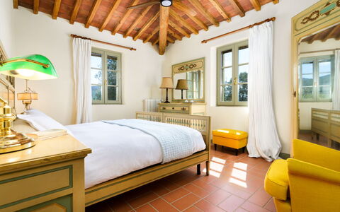 Villa Monte, Bolgheri: Bed, Interior Design, Bedroom, Wall, Furniture, Ceiling, Floor, Bedding, Home, Flooring