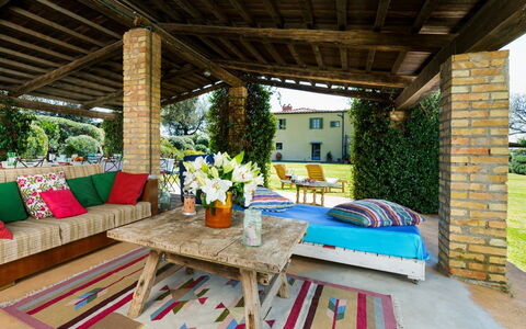 Villa Monte, Bolgheri: Furniture, Wood, Chair, Outdoor Furniture, Resort, Ceiling, Eco Hotel, Outdoor Structure, Garden, Shade