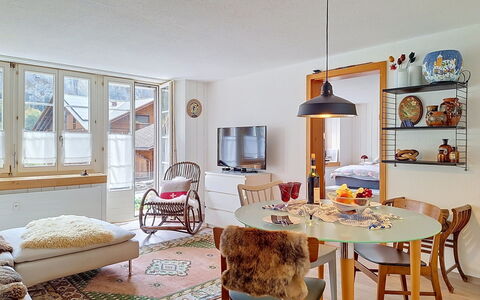 Chalet Schwizerhüsli: Blue, Wood, Furniture, Home, Outdoor Furniture, Chair, Shade, Balcony, Wood Stain, Eco Hotel