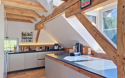 Haus Enzian: Kitchen, Interior Design, Flooring, Wood, Ceiling, Countertop, Furniture, Floor, Lighting, Cabinetry