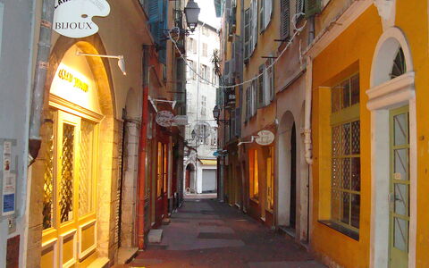 Vieux Nice: Building, Window, Infrastructure, Orange, Road Surface, House, Neighbourhood, Wood