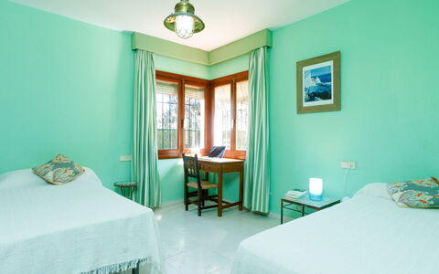 Villa Tulipán: Bedroom, Room, Furniture, Property, Green, Bed Sheet, Bed, Turquoise, Blue, Interior Design