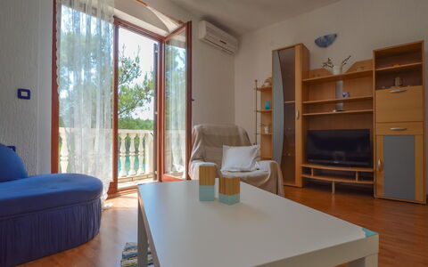 Novigrad (Zadar) 115: Furniture, Table, Property, Blue, Building, Interior Design, Wood, Comfort, Architecture, Flooring