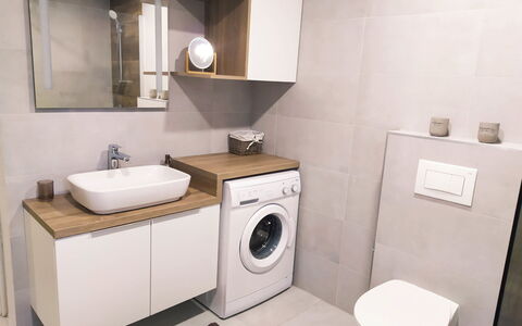 Milka: Laundry Room, Cabinetry, Bathroom Cabinet, Mirror, Property, Plumbing Fixture, Clothes Dryer, Bathroom Sink, Washing Machine, Tap