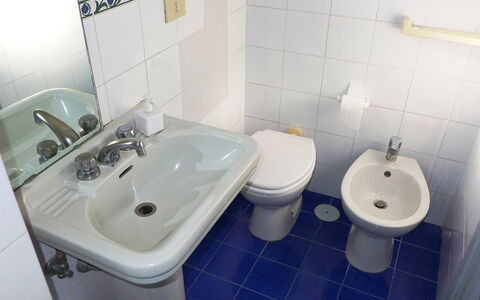Ischia Ponte 10: Bathroom, Toilet, Sink, Property, Bathroom Sink, Plumbing Fixture, Purple, Tap, Toilet Seat, Tile