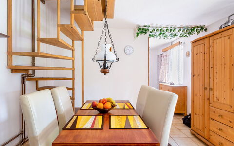 Lhotka Nad Bečvou: Table, Furniture, Building, Wood, Comfort, Orange, Textile, Interior Design, House, Flooring