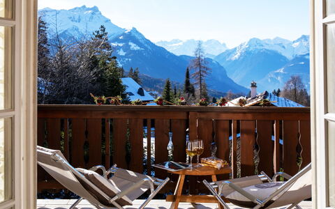 Villars 995: Sky, Mountain, Property, Furniture, Nature, Table, Azure, Window, Wood, Chair