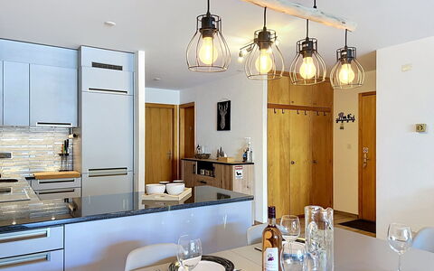 Mont-Rouge: Furniture, Interior Design, Kitchen, Light Fixture, Countertop, Ceiling, Wood, Flooring, Chandelier, Lighting