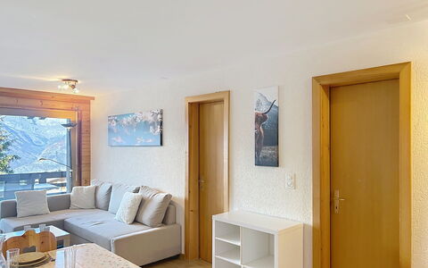 Nendaz 390: Furniture, Interior Design, Wood, Room, Flooring, Ceiling, Floor, Couch, Table, Apartment