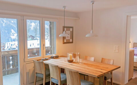 Chalet Bodmisunne: Room, Furniture, Property, Dining Room, Ceiling, Table, Interior Design, Floor, Building, Wood Flooring