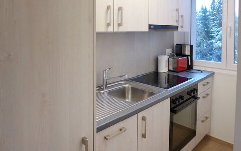 Crans-Montana 450: Tap, Kitchen Sink, Cabinetry, Sink, Plumbing Fixture, Window, Countertop, Building, Kitchen