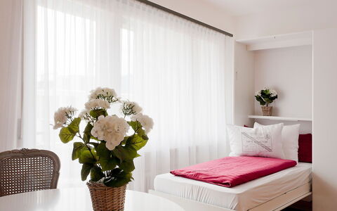 Ascona 200: Furniture, Bedroom, Room, White, Interior Design, Bed, Bed Frame, Property, Curtain, Pink