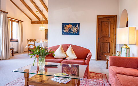 Chesa la Sajetta 12: Picture Frame, Property, Furniture, Table, Couch, Comfort, Interior Design, Wood, Lighting, Floor