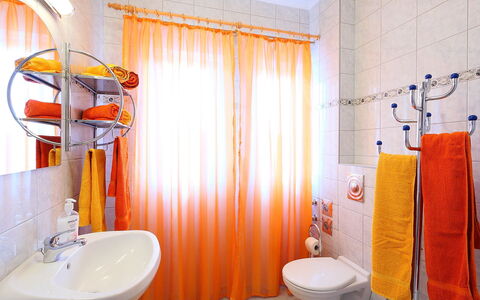 Balatonmariafurdo 750: Bathroom, Orange, Room, Property, Interior Design, Yellow, Curtain, Plumbing Fixture, Floor, Tile