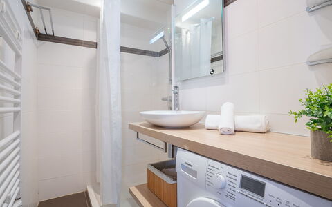 Canet-Plage 310: Laundry Room, Mirror, Plant, Plumbing Fixture, Tap, Bathroom Cabinet, Cabinetry, Sink, Houseplant, Bathroom
