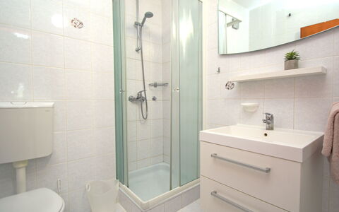 Vodice Tribunj 100: Bathroom, Bathroom Sink, Plumbing Fixture, Interior Design, Flooring, Wall, Floor, Sink, Toilet, Mirror