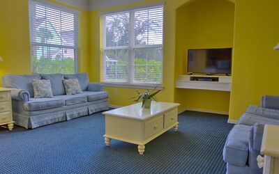 Runaway Beach Resort Apartments 1 150.2: Room, Furniture, Blue, Living Room, Yellow, Interior Design, Property, Floor, Building, Coffee Table