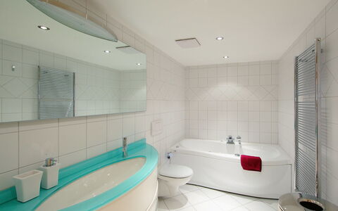 Chesa Sül Muot: Bathroom, Room, Property, Bathtub, Interior Design, Tile, Architecture, Building, Ceiling, Plumbing Fixture