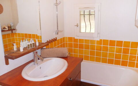 Domaine des Vignes: Bathroom, Bathroom Sink, Room, Property, Tile, Floor, Sink, Bathroom Cabinet, Tap, Plumbing Fixture
