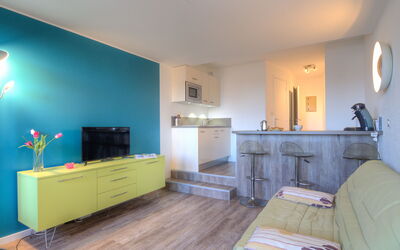 Deauville-Trouville 143: Cabinetry, Furniture, Building, Blue, Comfort, Chest Of Drawers, Drawer, Houseplant, Television, Lighting