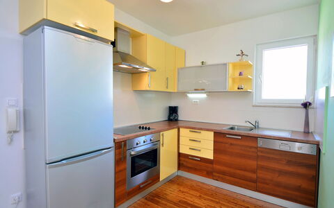 Vodice Tribunj 104: Room, Property, Kitchen, Countertop, Cabinetry, Furniture, Yellow, Building, Floor, House