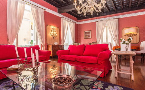 Spanish Steps: Room, Interior Design, Property, Furniture, Living Room, Red, Pink, Ceiling, Suite, House