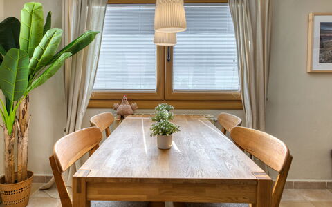 Petite Fleur: Room, Furniture, Property, Interior Design, Dining Room, Table, Coffee Table, Curtain, Floor, Wood