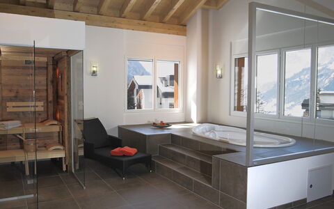 Leukerbad 190: Room, Furniture, Property, Building, Interior Design, Bed, Ceiling, House, Floor, Wall