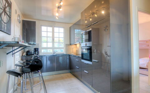Deauville-Trouville 115: Furniture, Cabinetry, Countertop, Interior Design, Wood, Kitchen, Building, Flooring, Floor